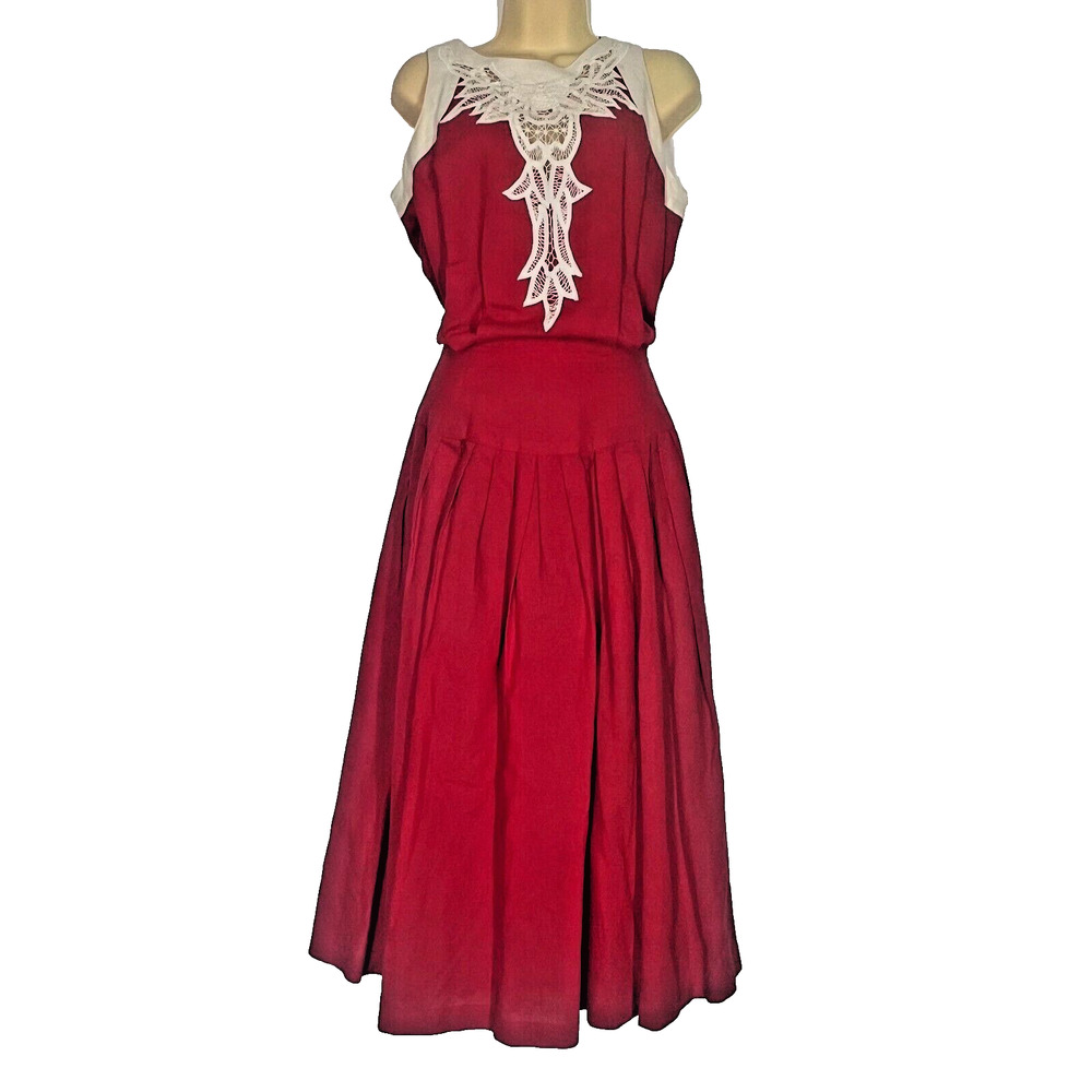 Sarah Elizabeth Red Dress Womens 4 Vintage Linen Sleeveless Battenberg Lace